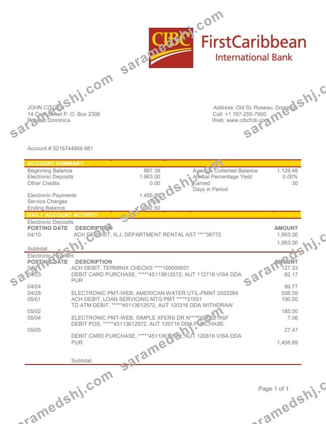 Dominica CIBC First Caribbean International Bank statement